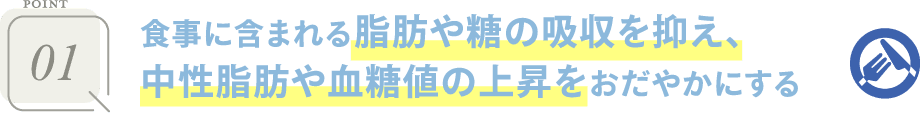 POINT01 食事に含まれる脂肪や糖の吸収を抑え、中性脂肪や血糖値の上昇をおだやかにする